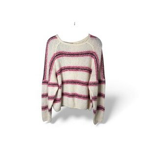 Free People White Pink Striped Open Knit Oversized Sweater Sz XS